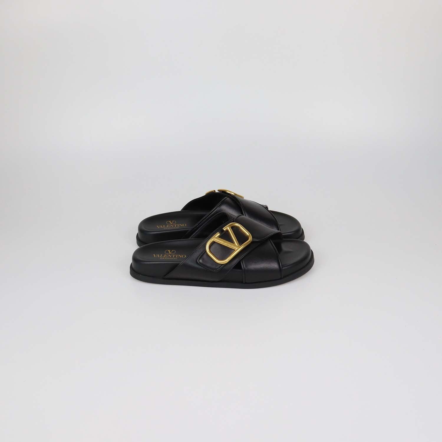 Valentino Black Leather VLogo Flat Sandals
