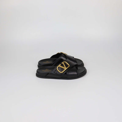 Valentino Black Leather VLogo Flat Sandals