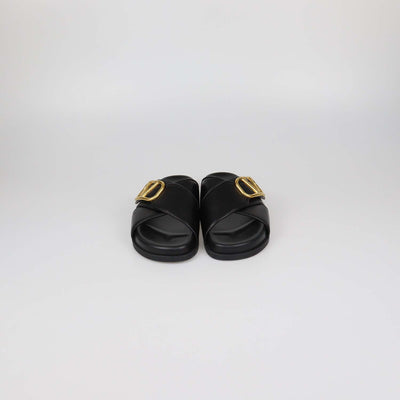 Valentino Black Leather VLogo Flat Sandals