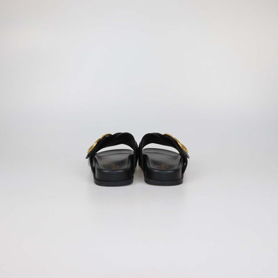 Valentino Black Leather VLogo Flat Sandals