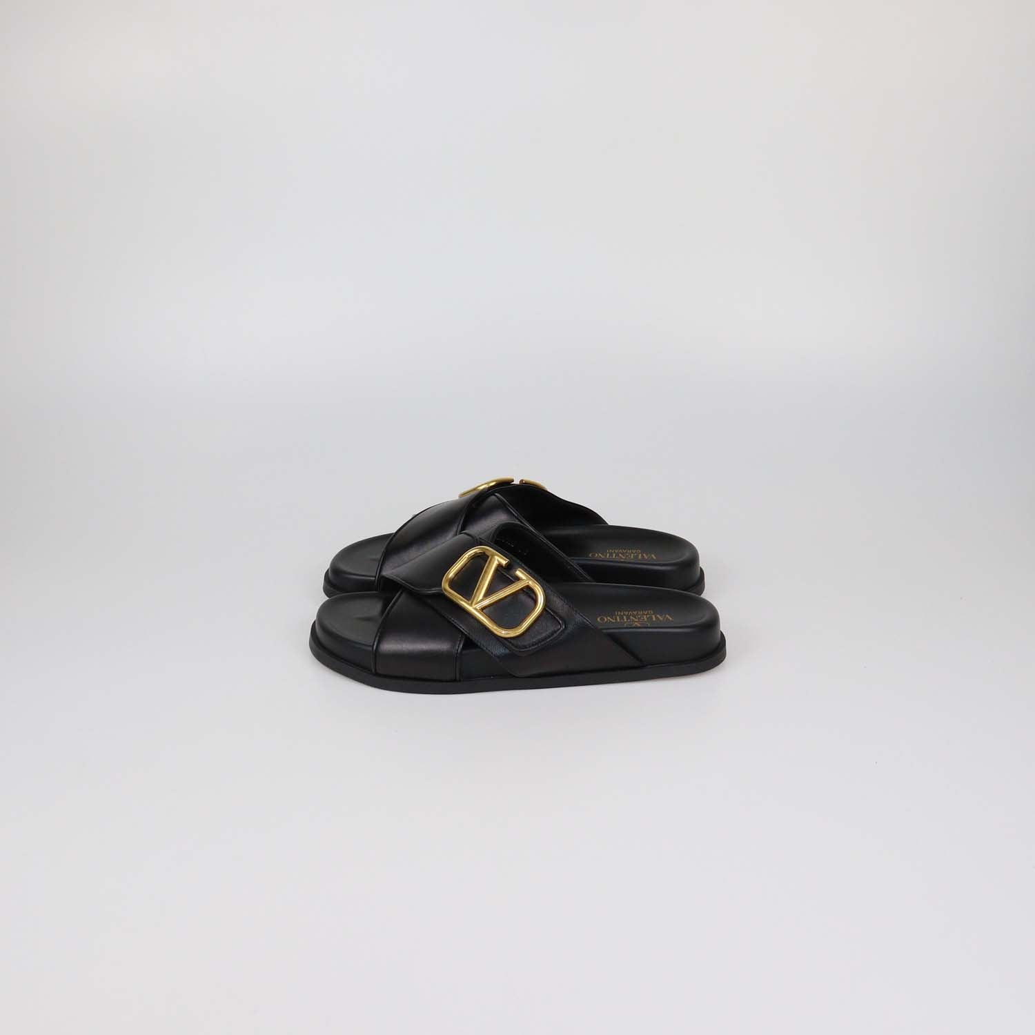 Valentino Black Leather VLogo Flat Sandals