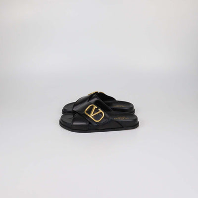 Valentino Black Leather VLogo Flat Sandals