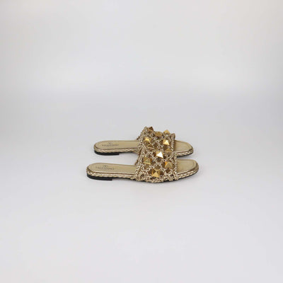 Valentino Gold Leather Leather Braided Roman Stud Flat Sandals