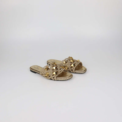 Valentino Gold Leather Leather Braided Roman Stud Flat Sandals