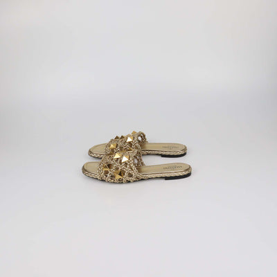 Valentino Gold Leather Leather Braided Roman Stud Flat Sandals