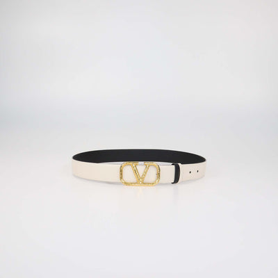 Valentino Black,White Leather Reversible Hammered VLogo Belt
