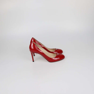Prada Red Patent Leather Plaque Round Toe Pumps