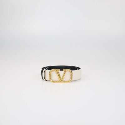 Valentino Black,White Leather Reversible Hammered VLogo Belt