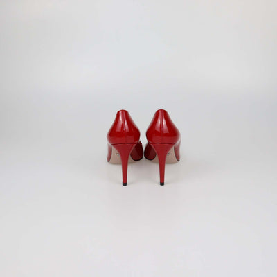Prada Red Patent Leather Plaque Round Toe Pumps