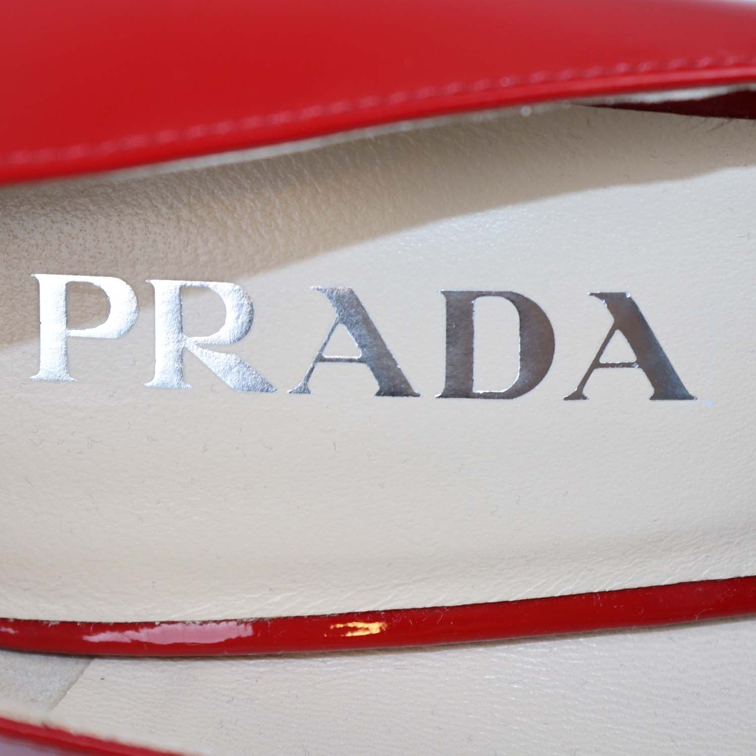 Prada Red Patent Leather Plaque Round Toe Pumps