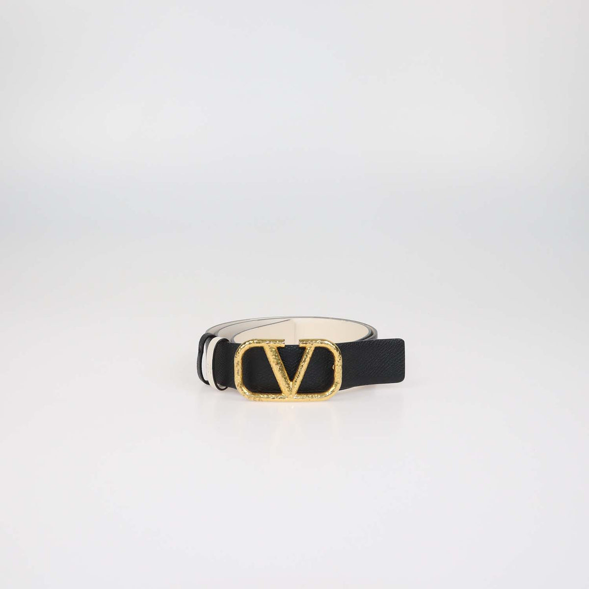 Valentino Black,White Leather Reversible Hammered VLogo Belt