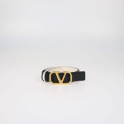 Valentino Black,White Leather Reversible Hammered VLogo Belt