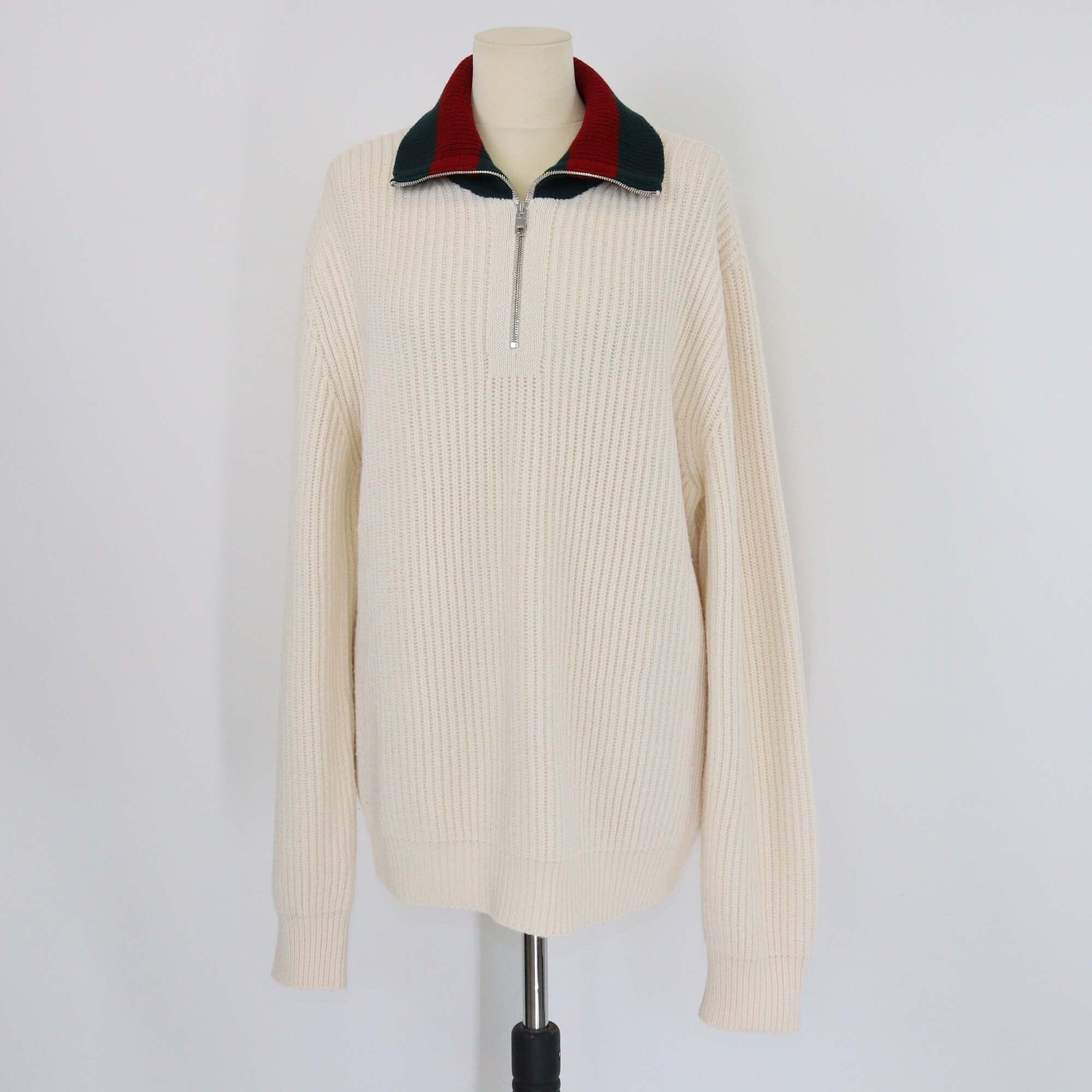 Gucci Ivory Ribbed Knit Wool Web Collar Half Zip Closure Long Sleeve Jumper Mens Gucci 