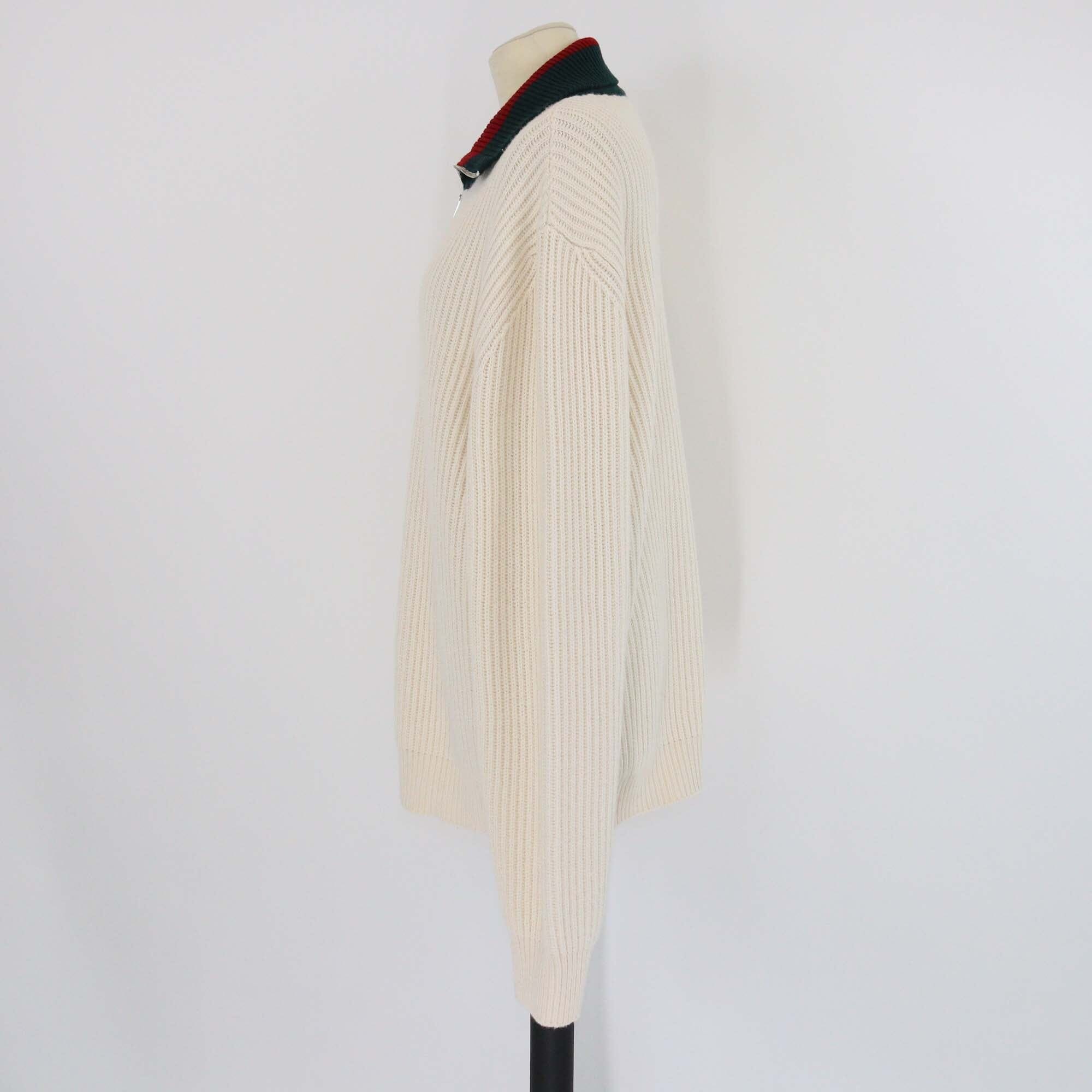 Gucci Ivory Ribbed Knit Wool Web Collar Half Zip Closure Long Sleeve Jumper Mens Gucci 
