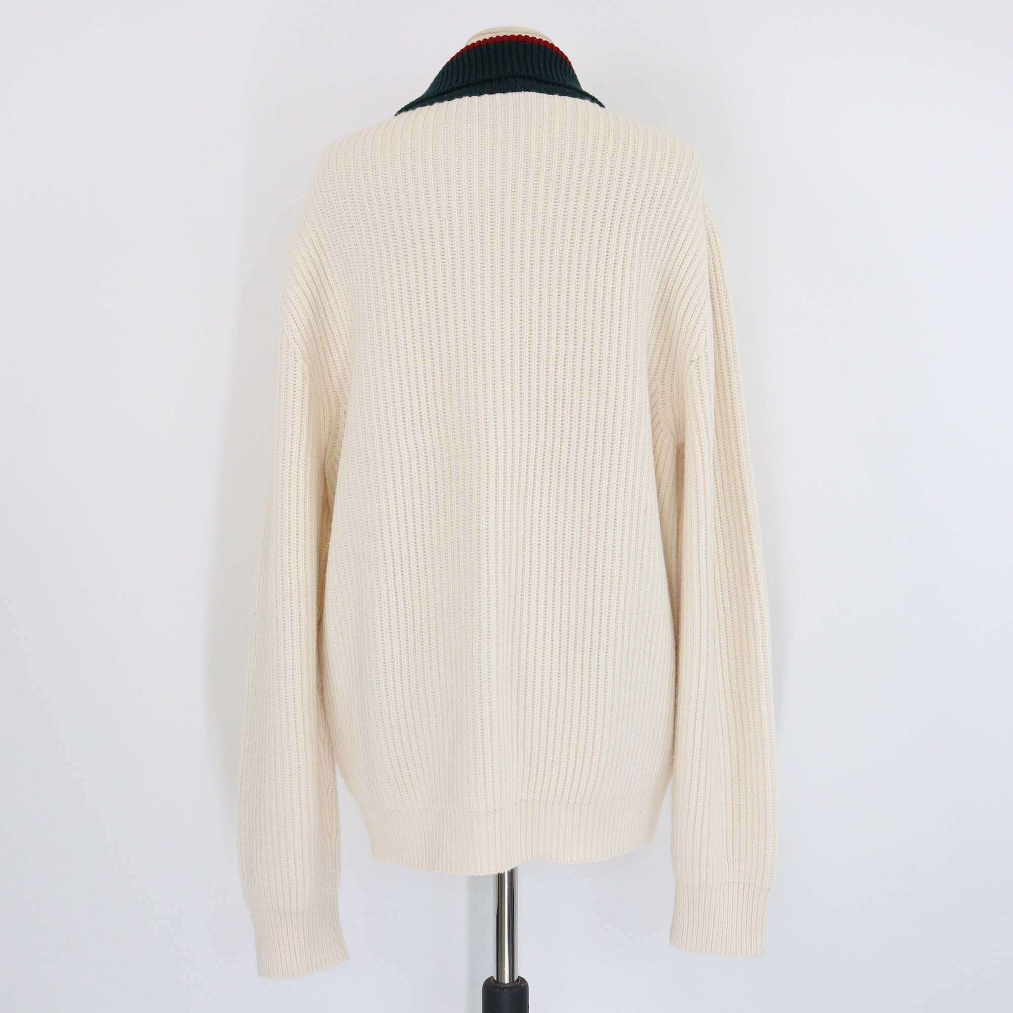 Gucci Ivory Ribbed Knit Wool Web Collar Half Zip Closure Long Sleeve Jumper Mens Gucci 