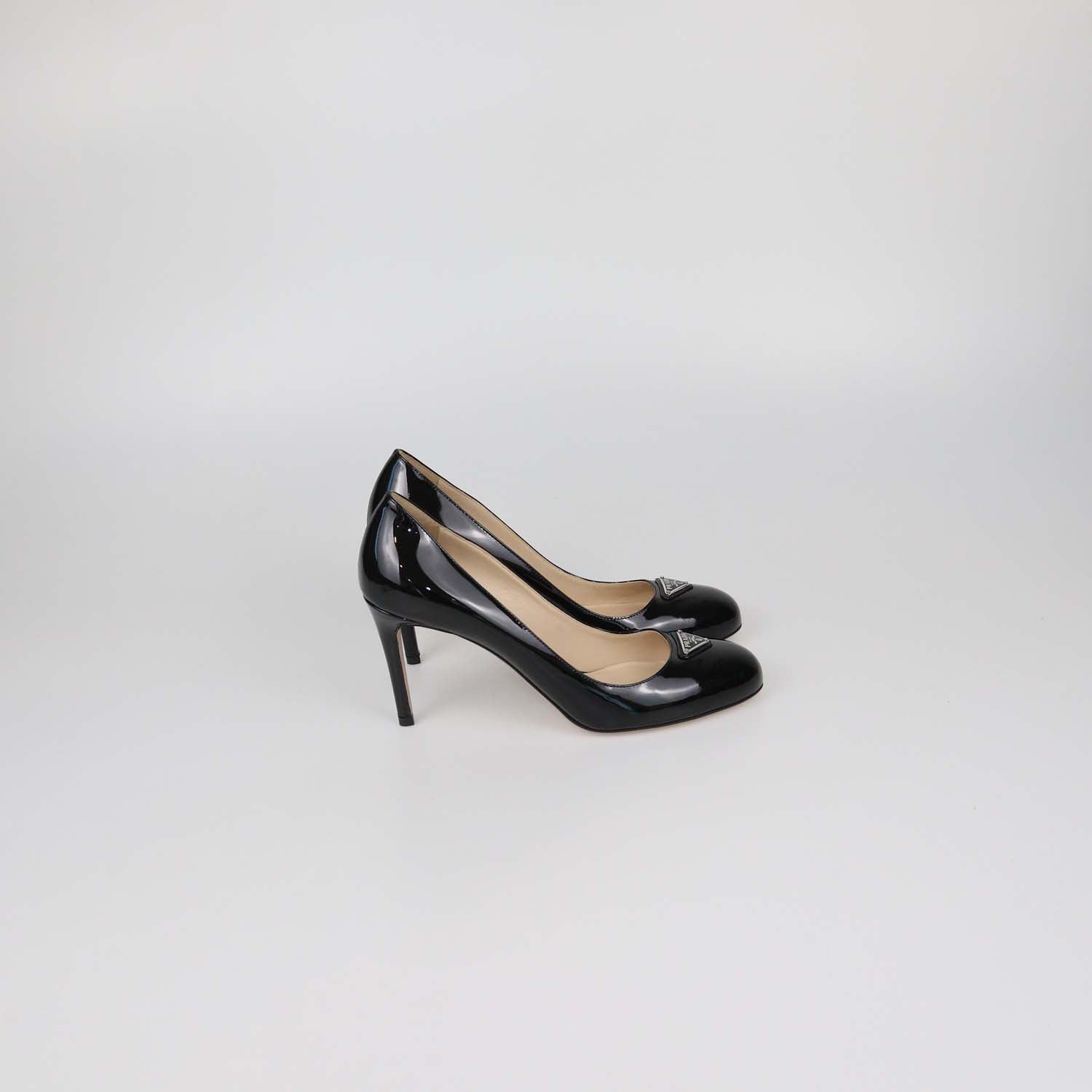 Prada Black Patent Leather Plaque Round Toe Pumps