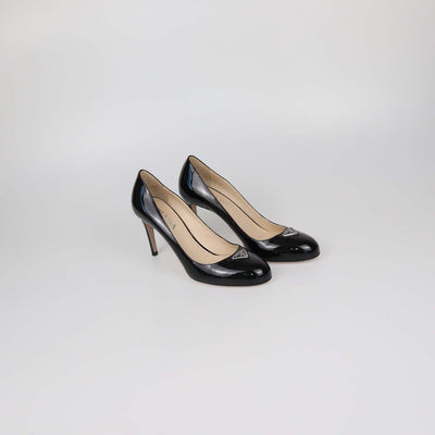 Prada Black Patent Leather Plaque Round Toe Pumps