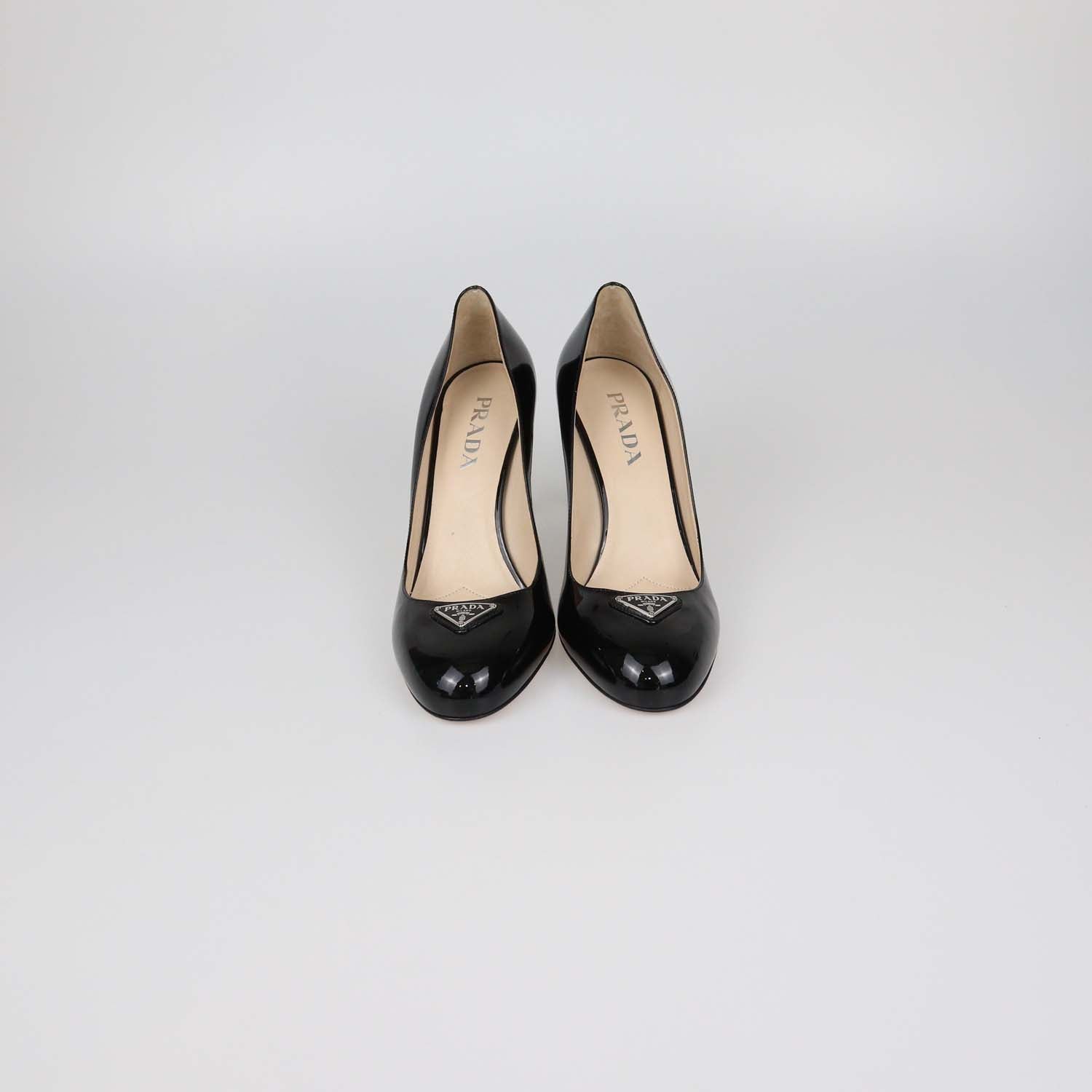 Prada Black Patent Leather Plaque Round Toe Pumps