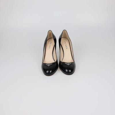 Prada Black Patent Leather Plaque Round Toe Pumps