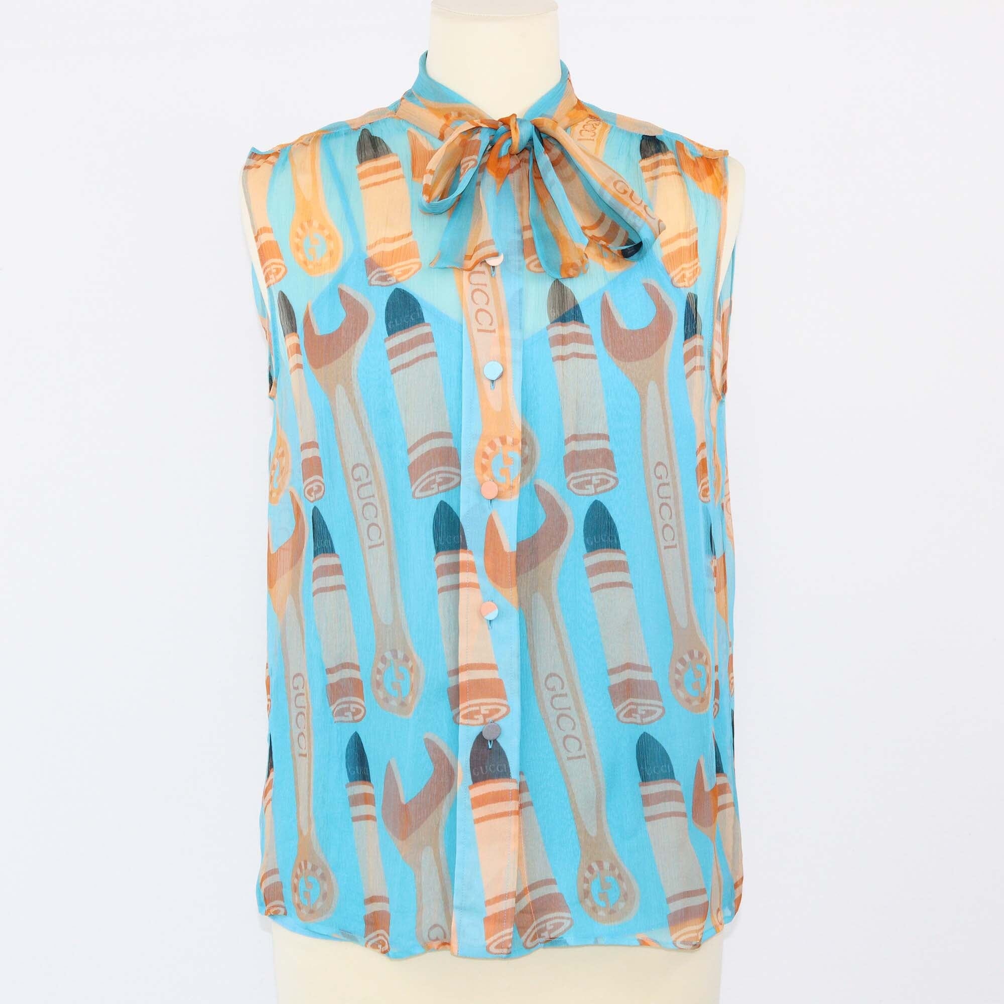 Gucci Blue Tie Detailed Printed Top Womens Gucci 