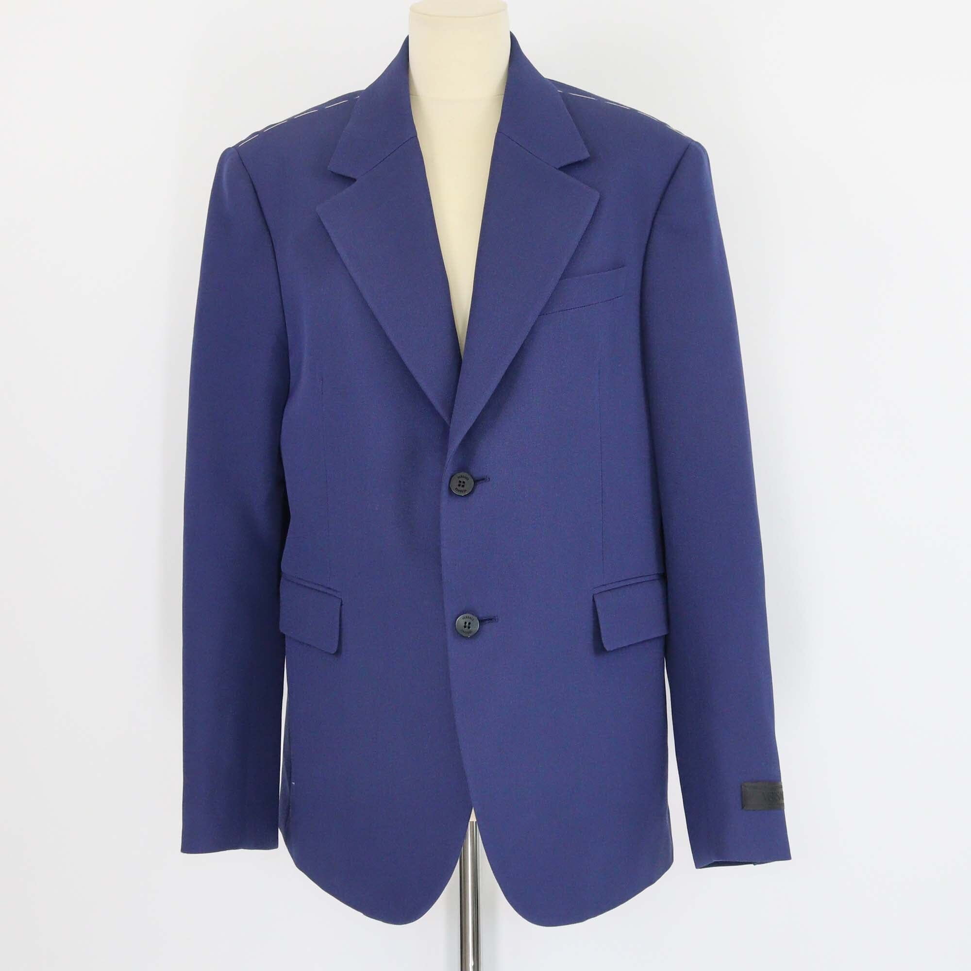 Versace Navy Blue Wool Double Flap Pocket Single Breasted Blazer Mens Versace 