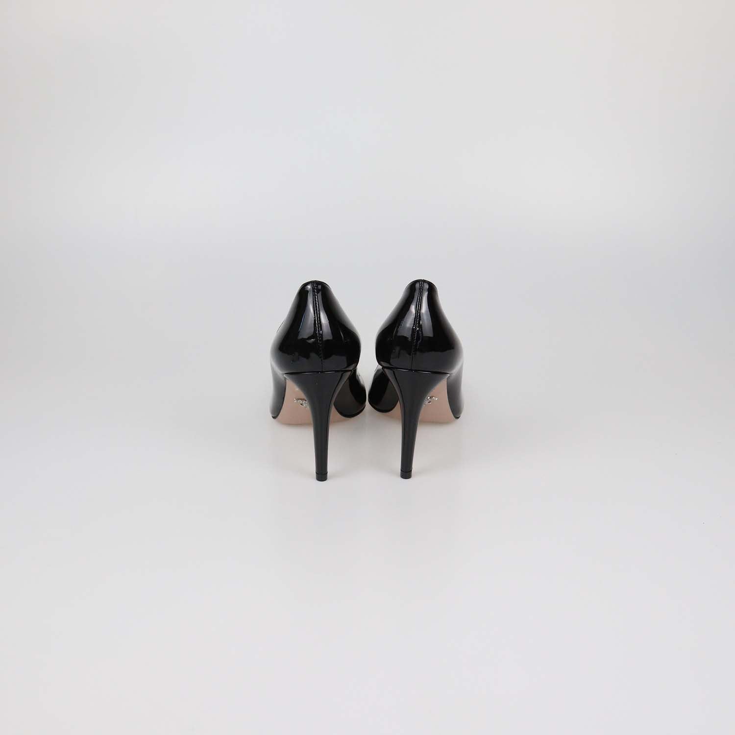 Prada Black Patent Leather Plaque Round Toe Pumps