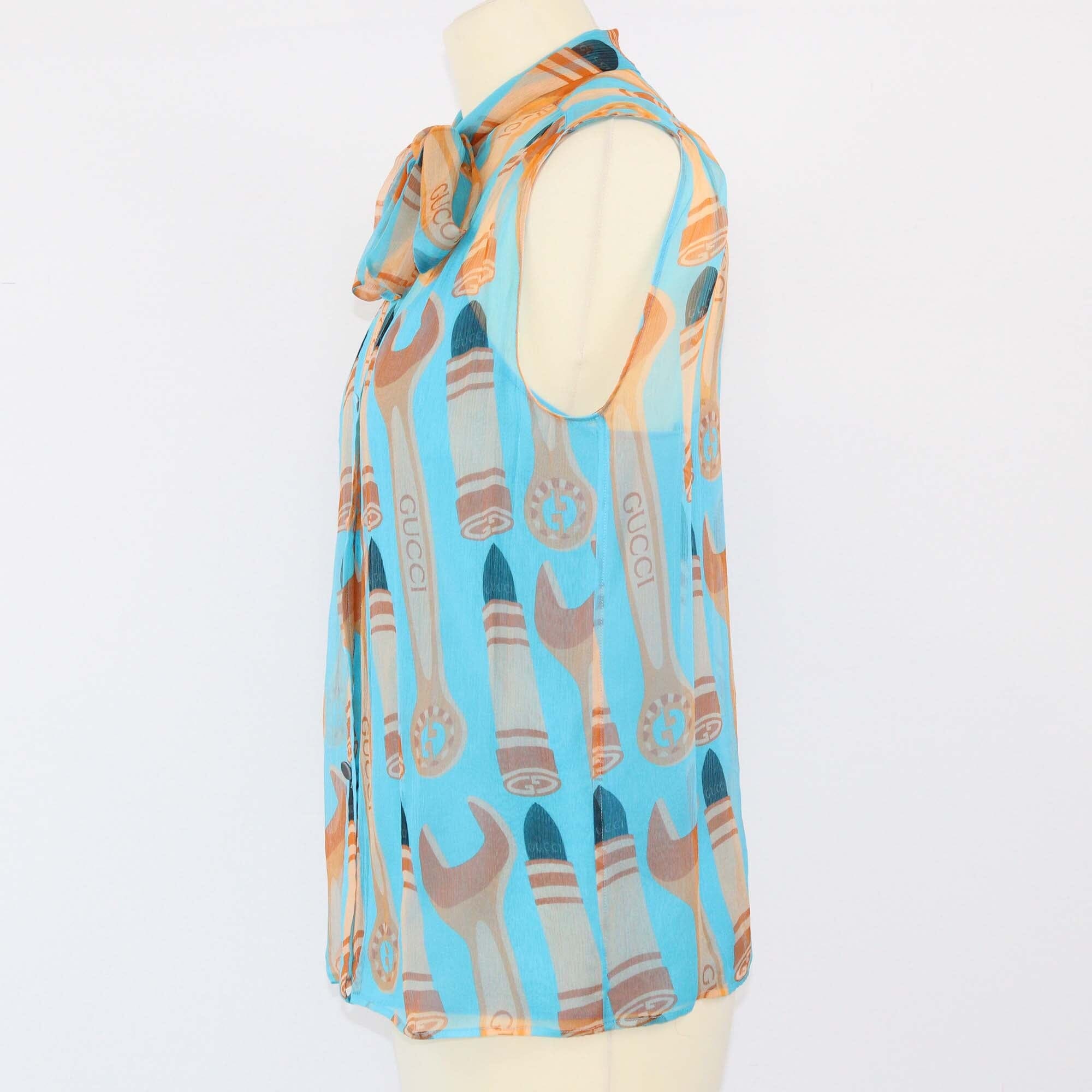 Gucci Blue Tie Detailed Printed Top Womens Gucci 