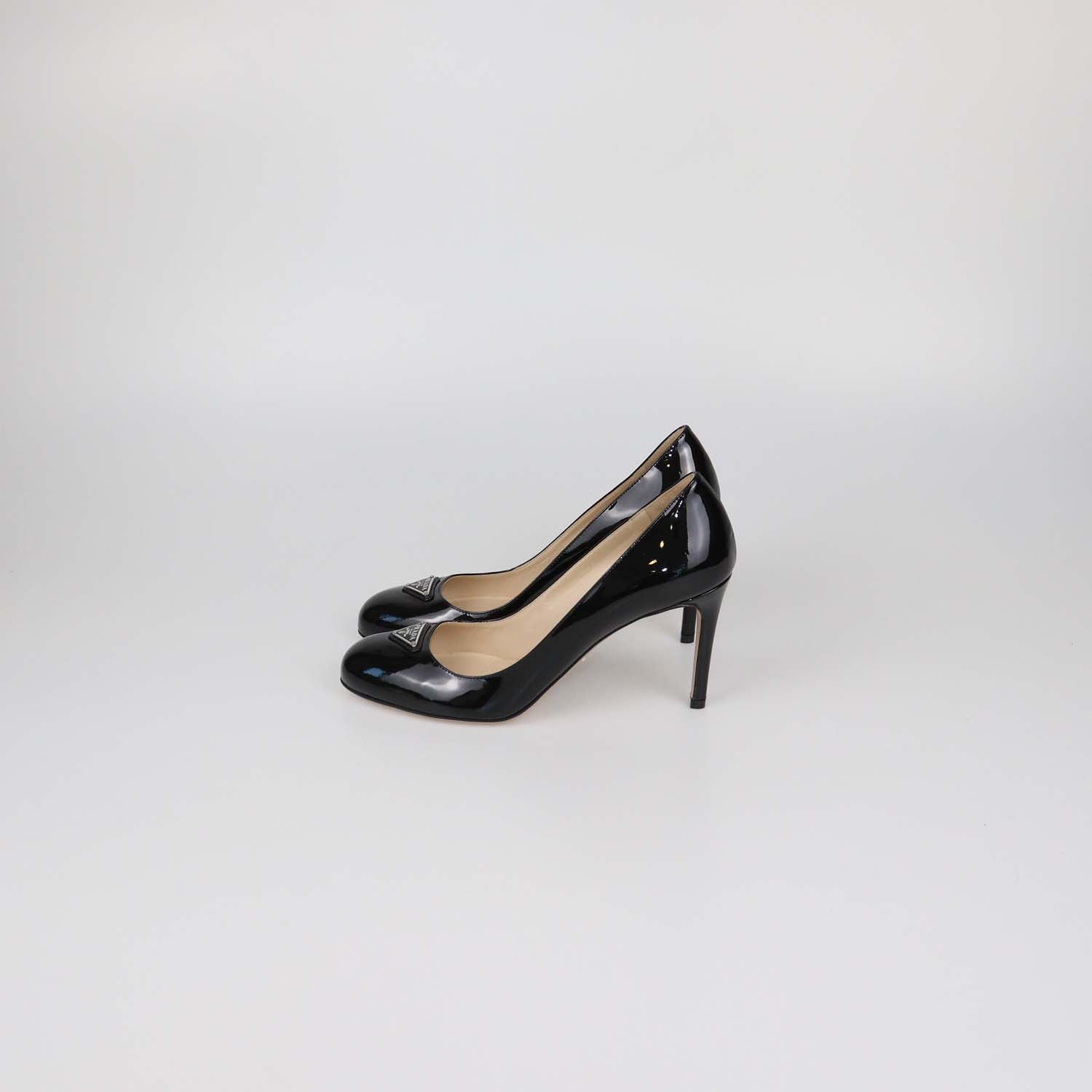 Prada Black Patent Leather Plaque Round Toe Pumps