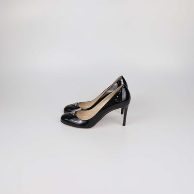 Prada Black Patent Leather Plaque Round Toe Pumps