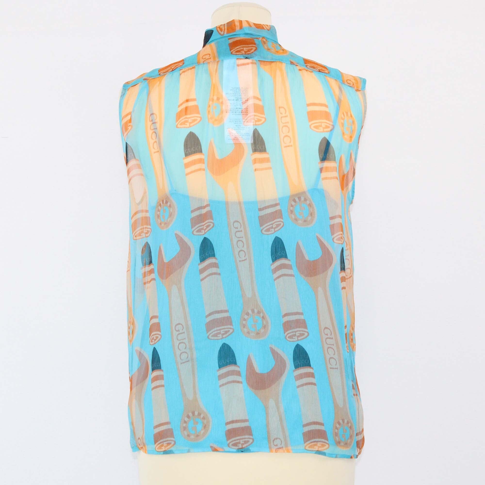 Gucci Blue Tie Detailed Printed Top Womens Gucci 