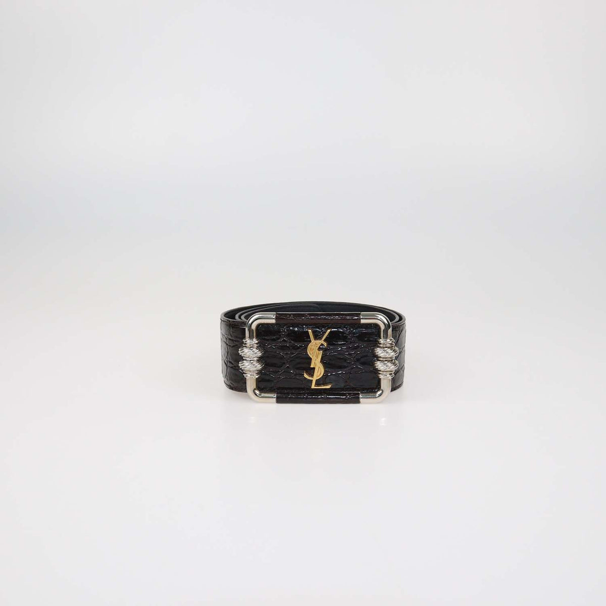 Saint Laurent Choco Brown Croc Embossed Leather Logo Square Buckle Belt