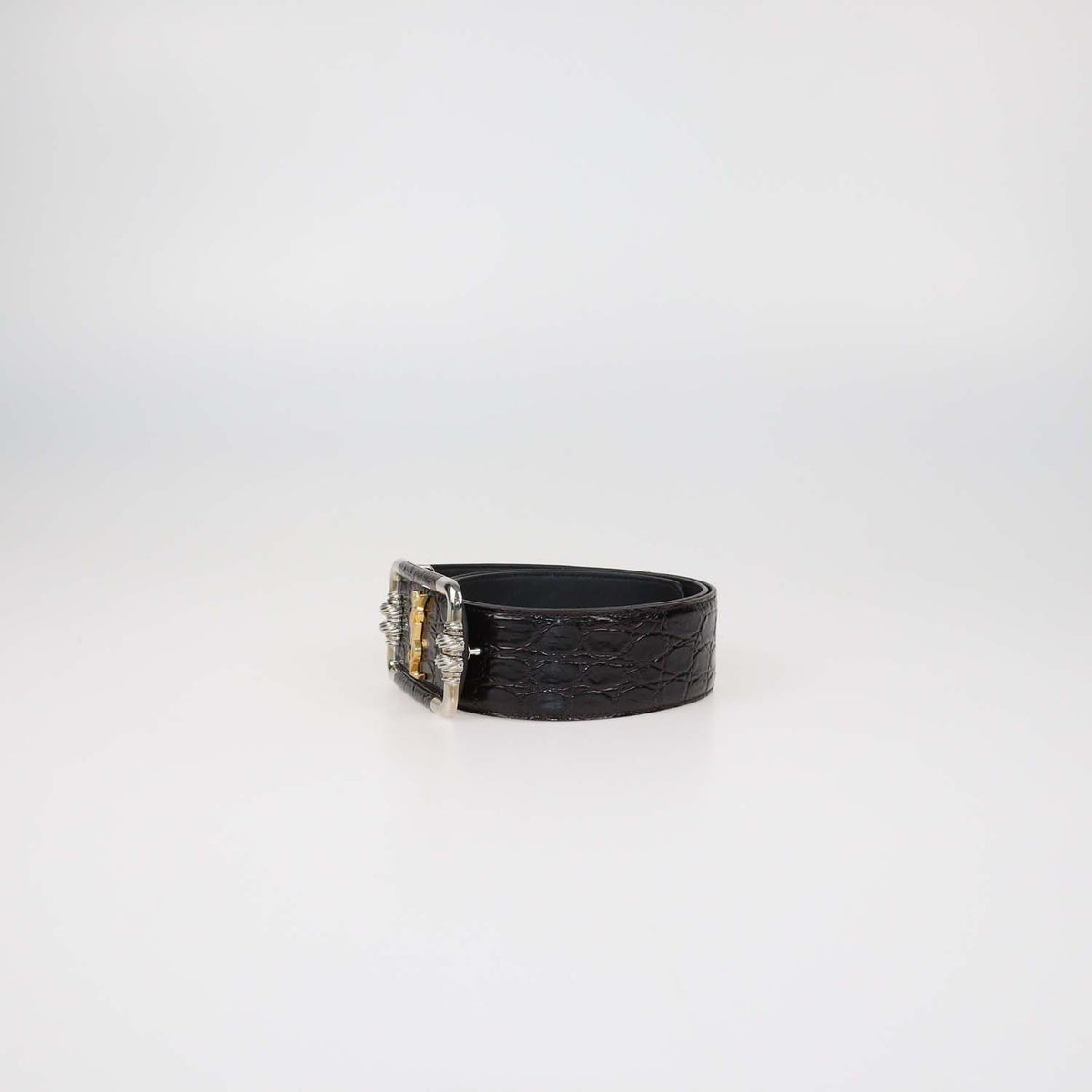Saint Laurent Choco Brown Croc Embossed Leather Logo Square Buckle Belt