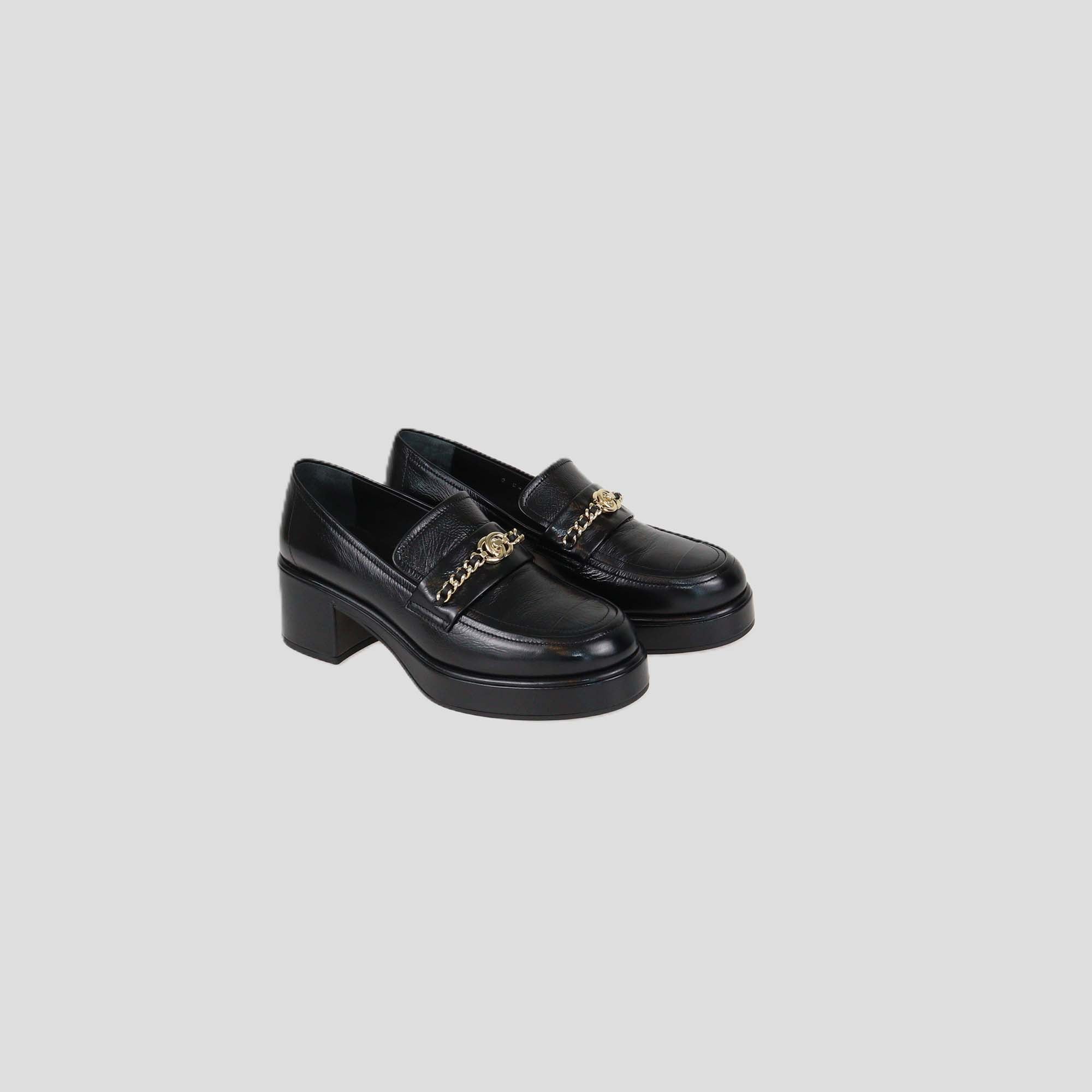 Chanel Black Shine Leather CC Chain Platform Loafers