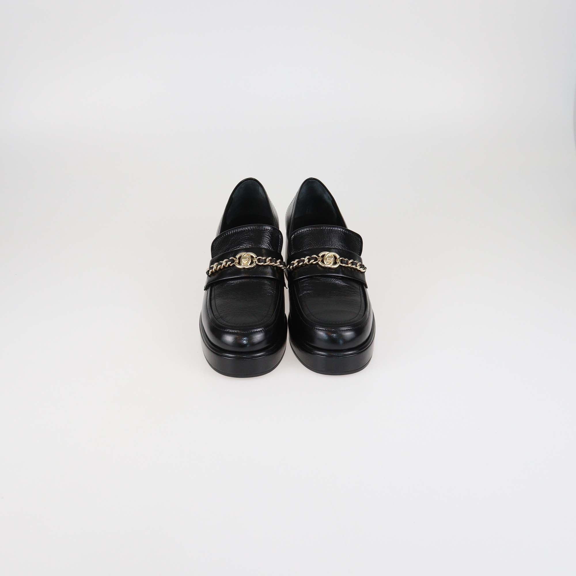 Chanel Black Shine Leather CC Chain Platform Loafers