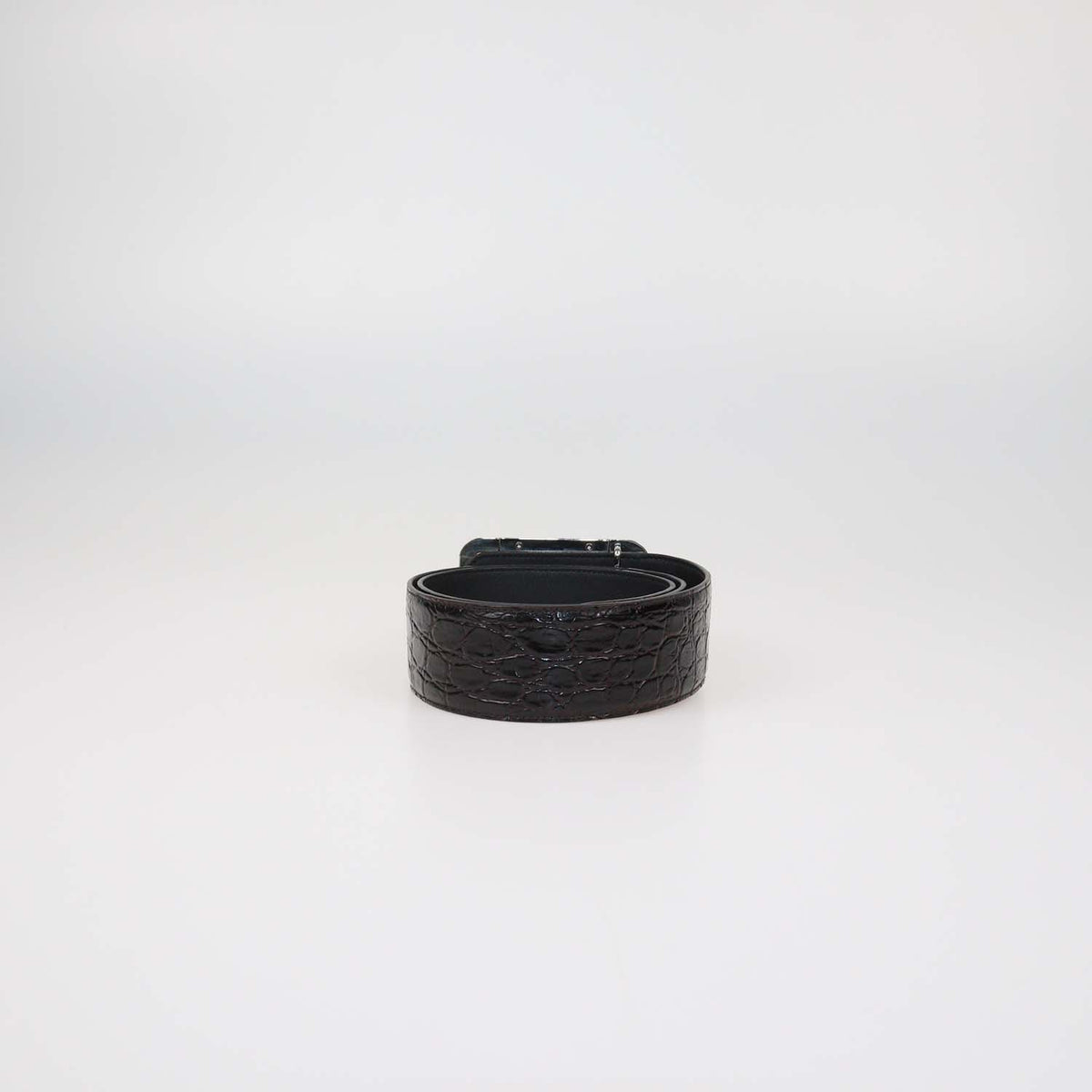 Saint Laurent Choco Brown Croc Embossed Leather Logo Square Buckle Belt