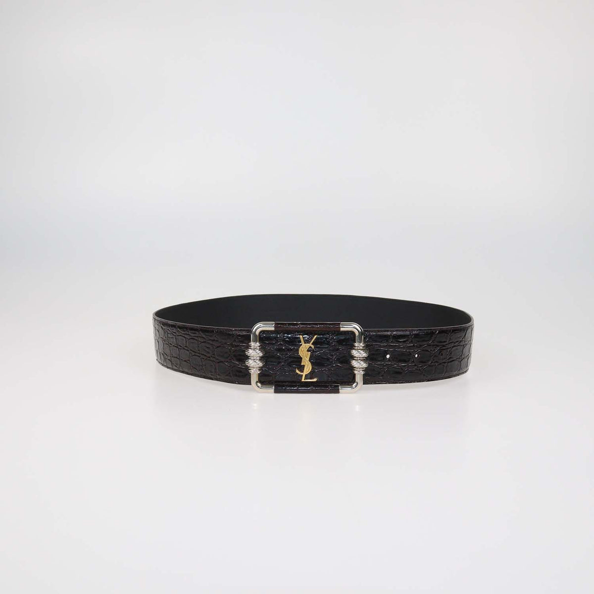 Saint Laurent Choco Brown Croc Embossed Leather Logo Square Buckle Belt