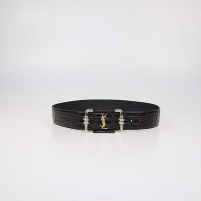 Saint Laurent Choco Brown Croc Embossed Leather Logo Square Buckle Belt