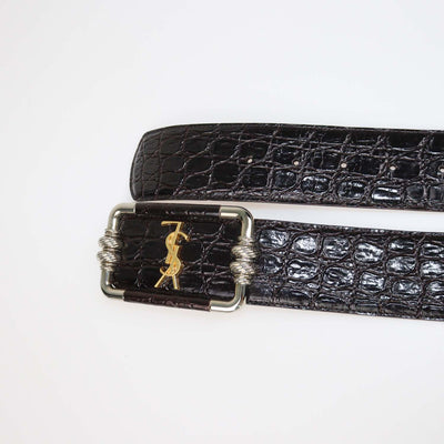 Saint Laurent Choco Brown Croc Embossed Leather Logo Square Buckle Belt