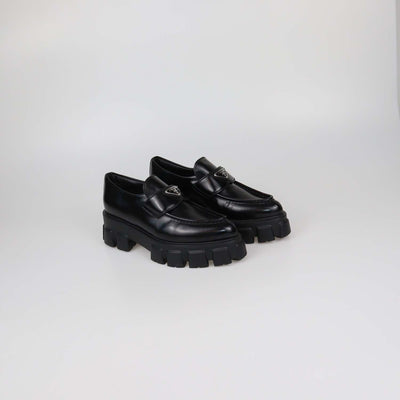 Prada Black Brushed Leather Monolith Platform Loafers
