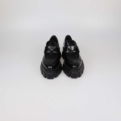 Prada Black Brushed Leather Monolith Platform Loafers