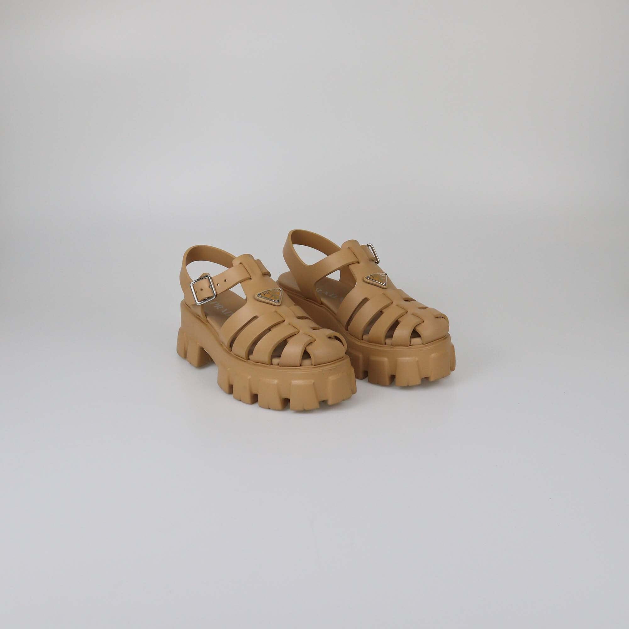 Prada Brown Soft Cage Monolith Platform Sandals Womens Prada 