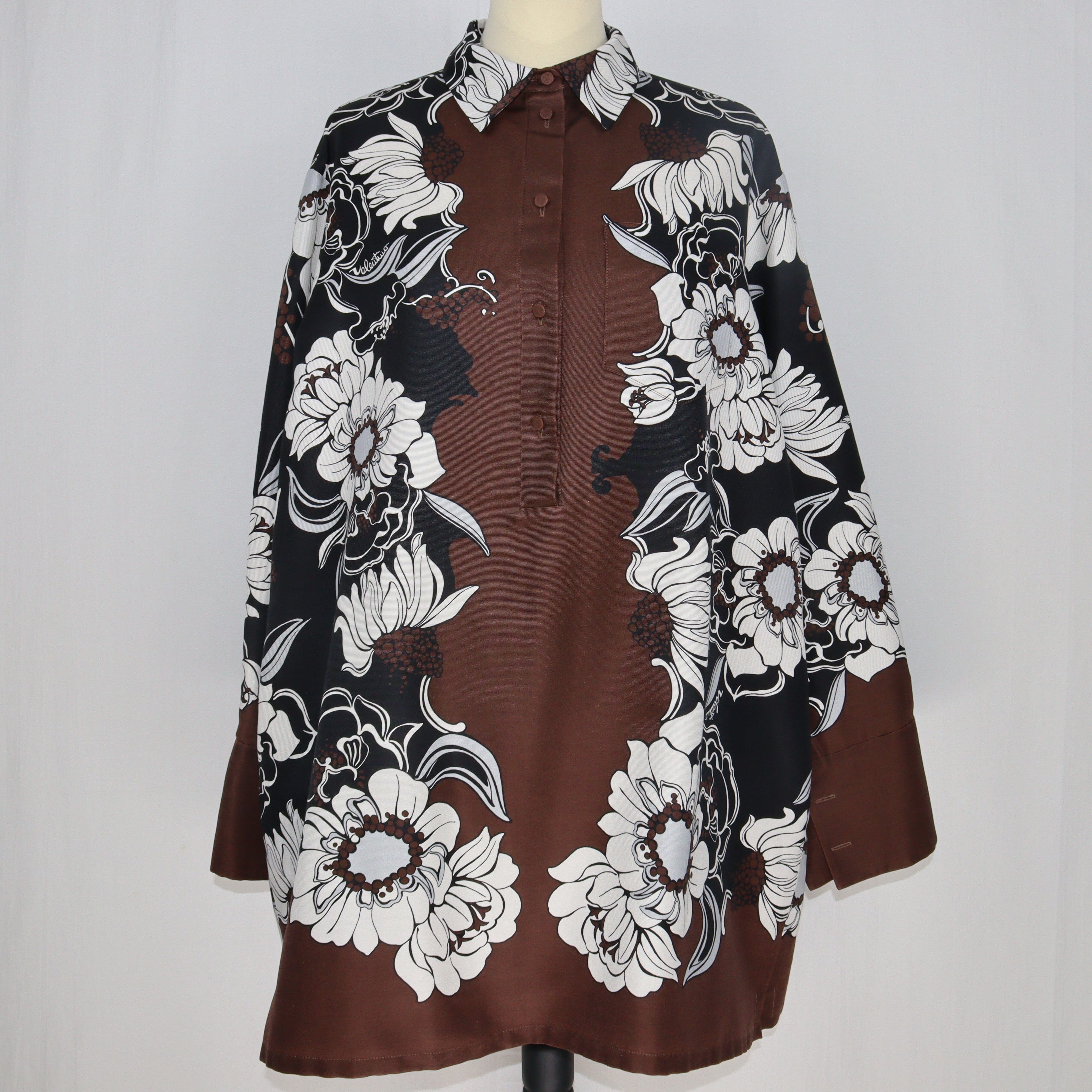 Brown/White Oversized Floral Faille Mini Shirt Dress Clothing Valentino 