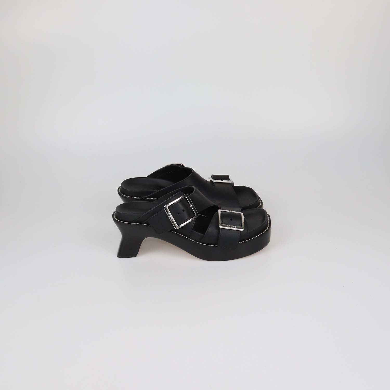 Loewe Black Leather Double Buckle Ease Slide Sandals