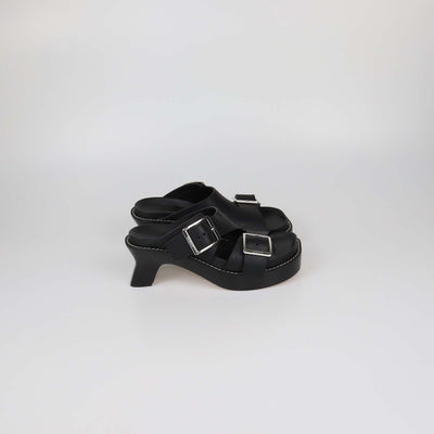 Loewe Black Leather Double Buckle Ease Slide Sandals