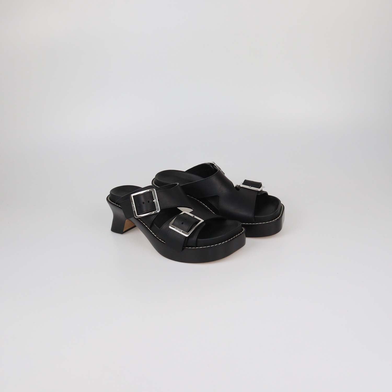 Loewe Black Leather Double Buckle Ease Slide Sandals