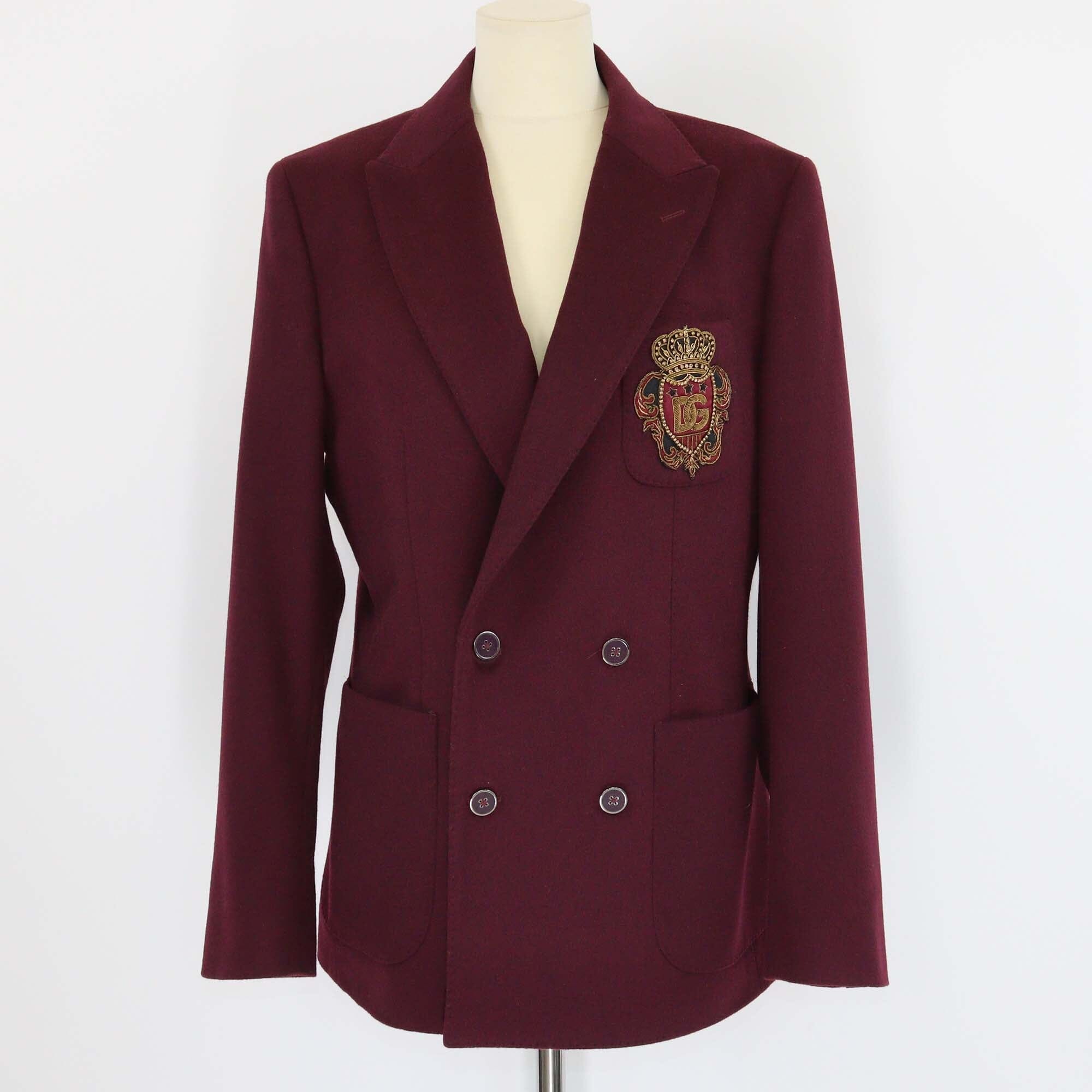 Dolce & Gabbana Burgundy Blend Wool DG Crown Embroidered Double Breasted Jacket Mens Dolce & Gabbana 
