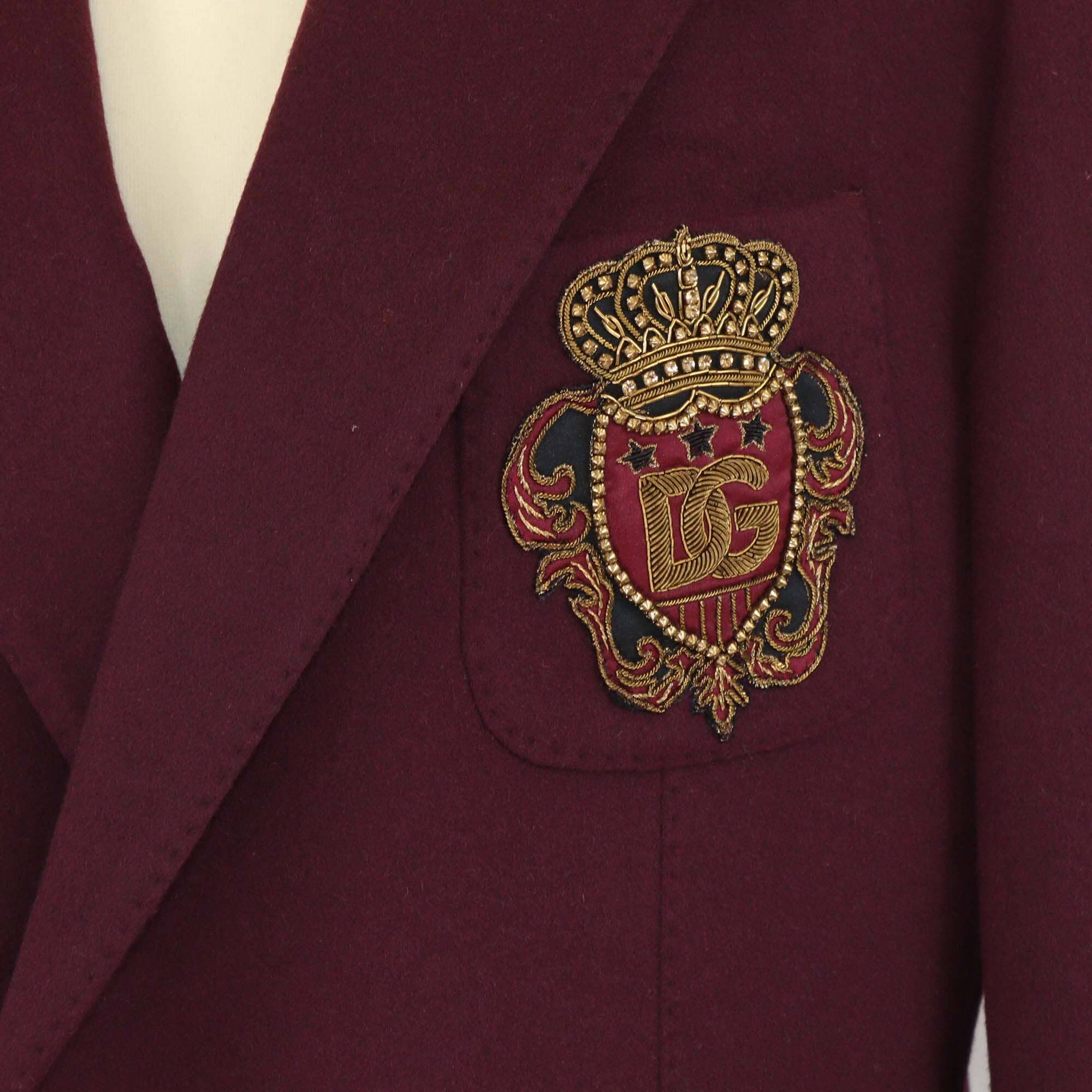 Dolce & Gabbana Burgundy Blend Wool DG Crown Embroidered Double Breasted Jacket Mens Dolce & Gabbana 