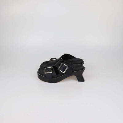Loewe Black Leather Double Buckle Ease Slide Sandals