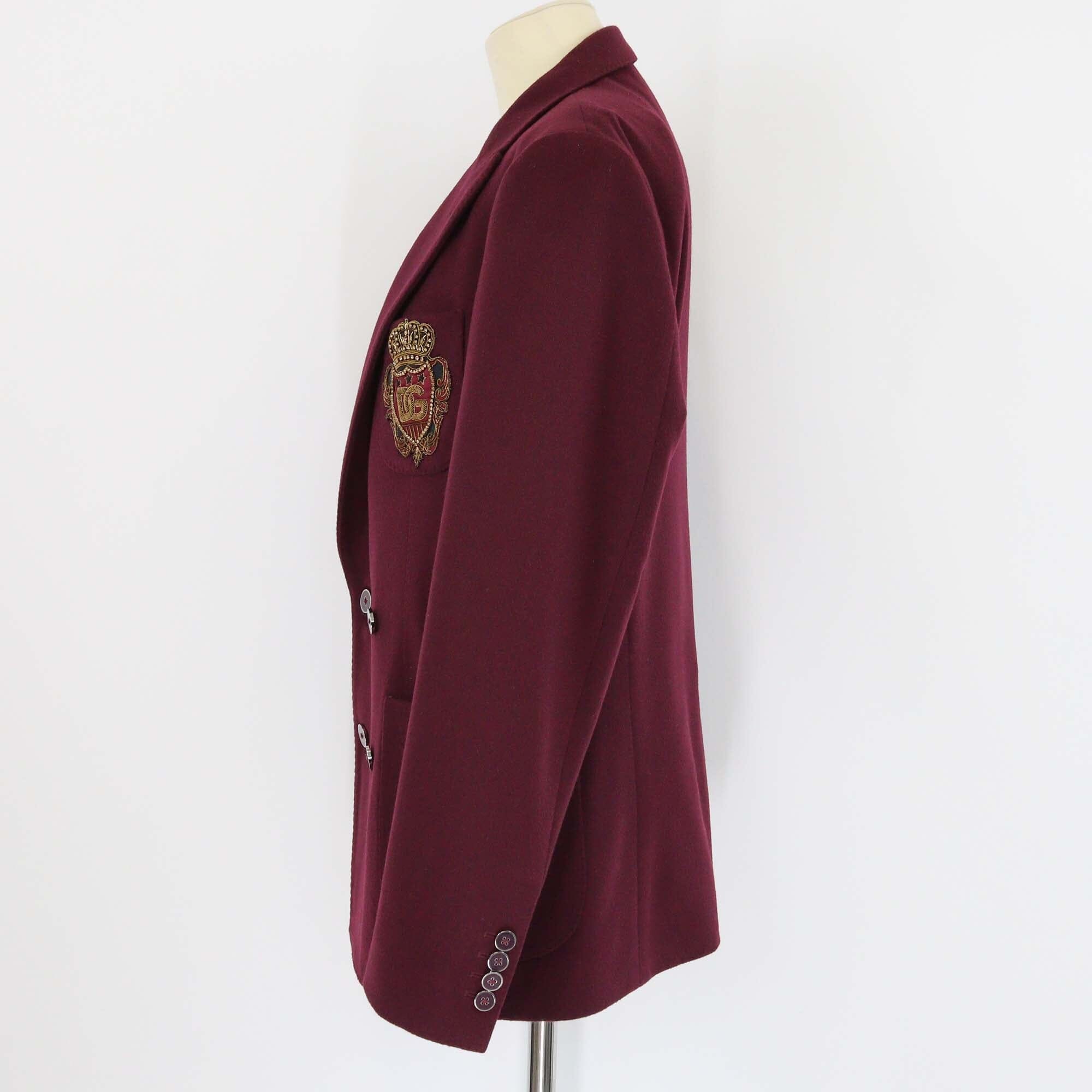 Dolce & Gabbana Burgundy Blend Wool DG Crown Embroidered Double Breasted Jacket Mens Dolce & Gabbana 