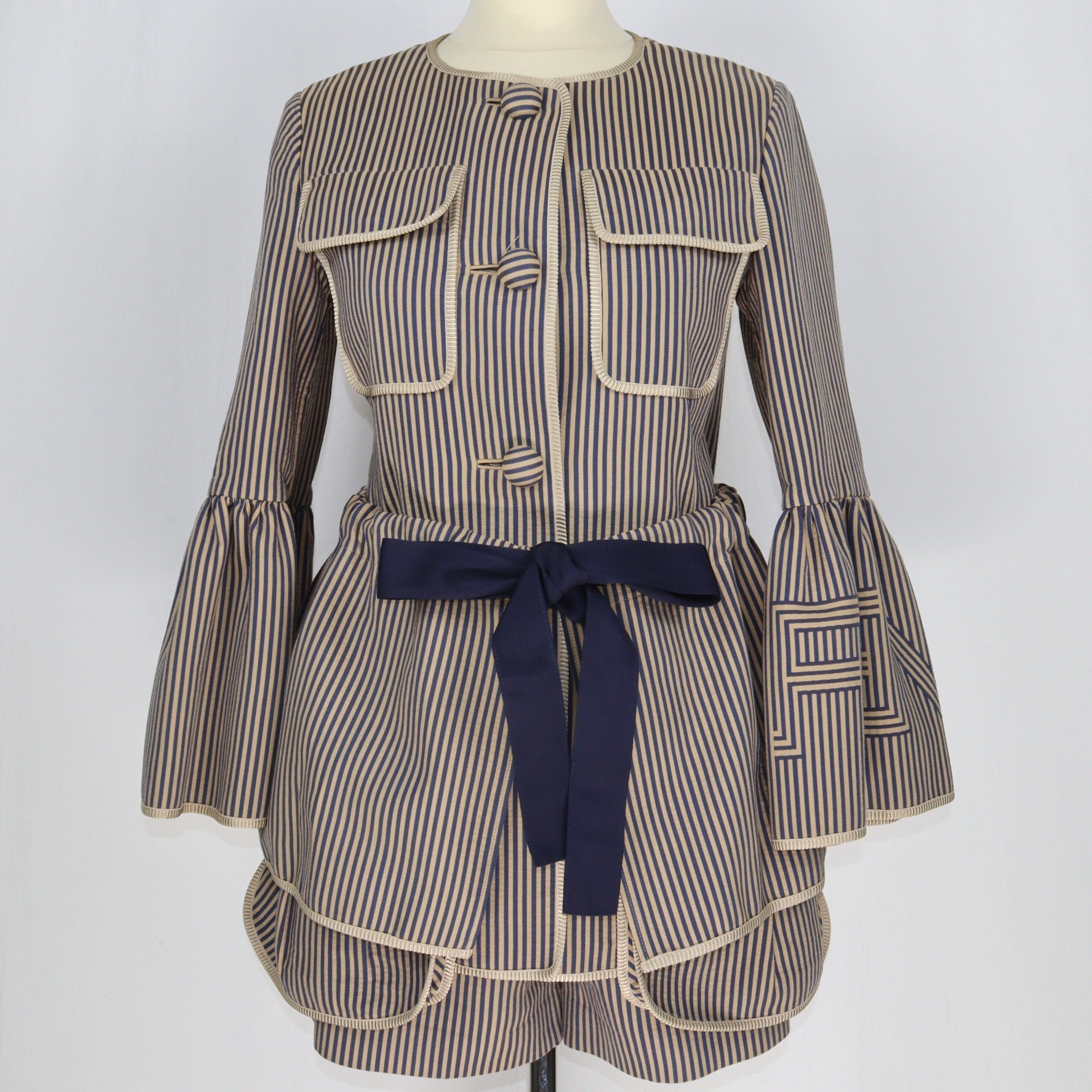Beige/Navy Blue Runway Striped Ribbon Jacket & Short Set Clothing Fendi 